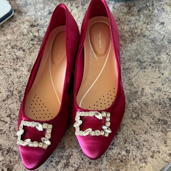 Easy Spirit Shoes - Easy Spirit Burgundy Satin Pointed Toe Flats with Crystal Buckle
